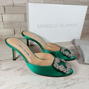 Manolo Blahnik Women's Size 36 Green Hangisimu Heeled Mules Satin 70MM NEW